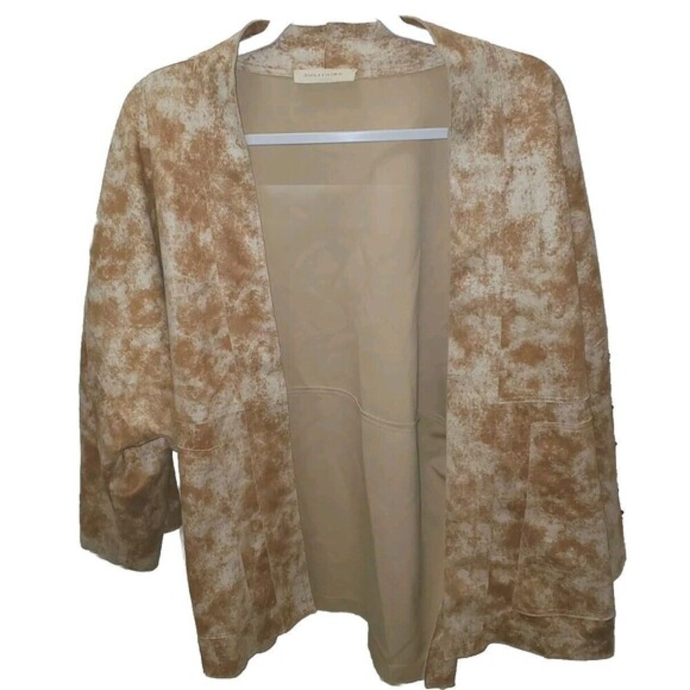 Solitaire Tan Brown Mottled Print Open Front Kimono Jacket‎ 20-789 Womens Small